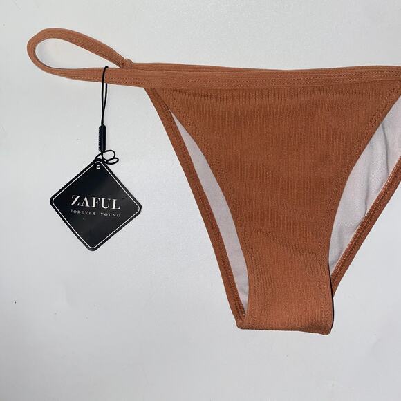 NWT Zaful Tan Brown Ribbed String Bikini Swim Bathing Suit Bottom Women's Large - Picture 2 of 6